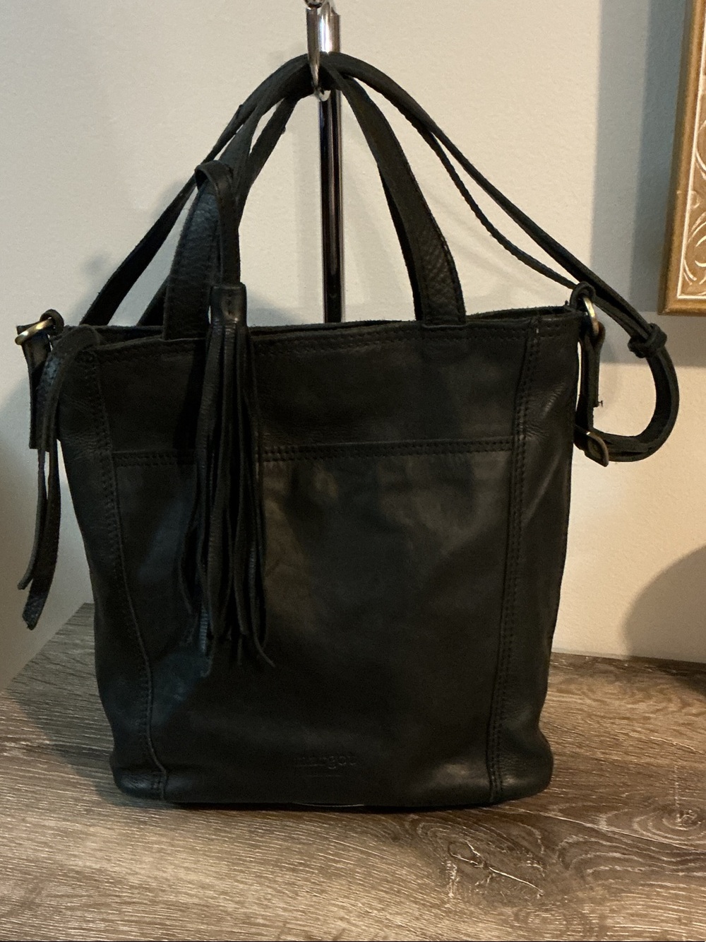 Margot New York Anna Crossbody Black Leather Shoulder Tote with Tassel Accent